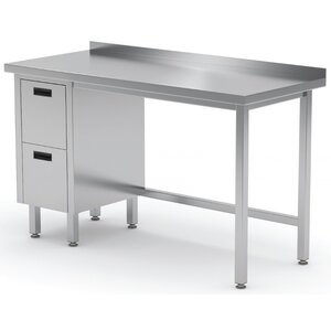 INOXI Stainless steel work table with splashback, cabinet with two drawers - drawers on left side | 1100x700x(h)850 mm