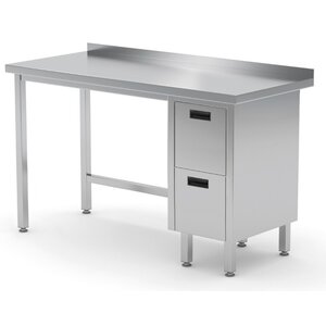 INOXI Stainless steel work table with splashback, cabinet with two drawers - drawers on right side | 1100x600x(h)850 mm