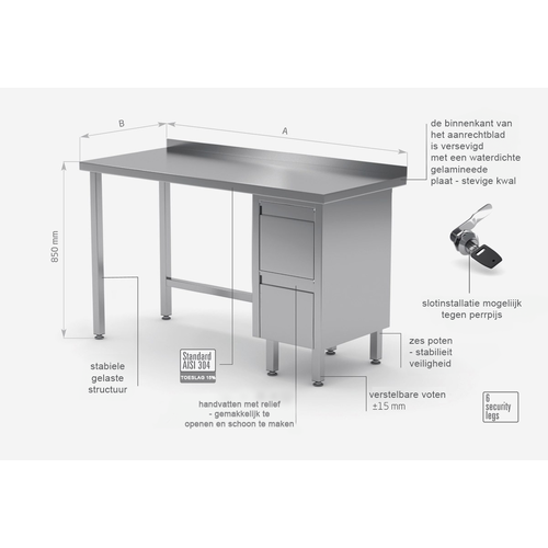 INOXI Werktafel RVS + Ladeblok (rechts) 2 Laden + Spatrand HEAVY DUTY 1100(b)X700(d)X850(h)mm