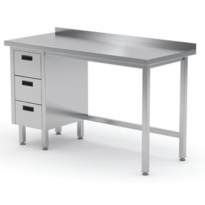 INOXI Stainless steel work table with splashback, cabinet with three drawers - drawers on left side | 800x700x(h)850 mm
