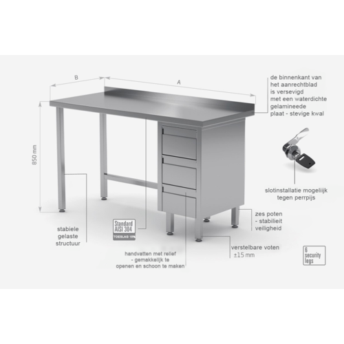 INOXI Werktafel RVS + Ladeblok (rechts) 3 Lades + Spatrand HEAVY DUTY 800(b)X700(d)X850(h)mm