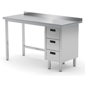 INOXI Stainless steel work table with splashback, cabinet with three drawers - drawers on right side | 1300x600x(h)850 mm