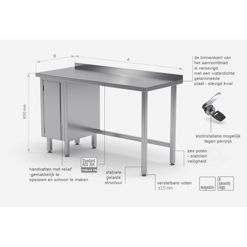 INOXI Werktafel RVS + 1 Klapdeur (links) + Spatrand 900(b)X700(d)X850(h)mm