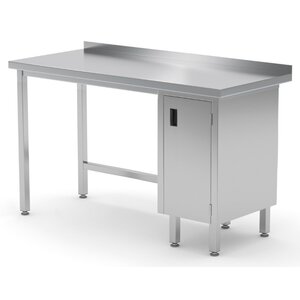 INOXI Stainless steel work table with splashback, cabinet with hinged door - cabinet on right side | 1300x600x(h)850 mm