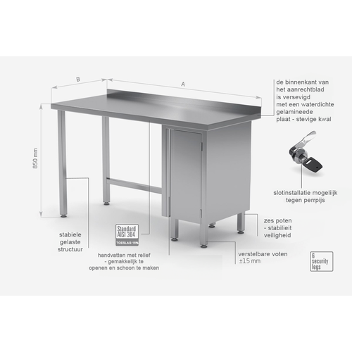 INOXI Werktafel RVS + 1 Klapdeur (rechts) + Spatrand 1800(b)X600(d)X850(h)mm
