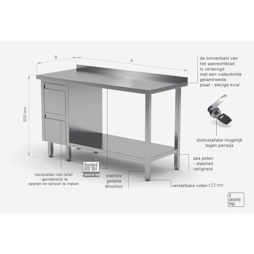 INOXI Werktafel RVS + Ladeblok (links) 2 Lades + Bodemschap + Spatrand 1000(b)X700(d)X850(h)mm