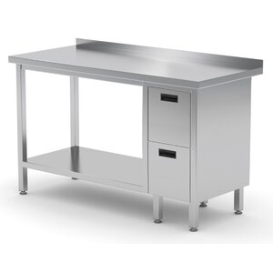 INOXI Stainless steel work table with splashback, cabinet with two drawers and undershelf - drawers on right side | 1200x600x(h)850 mm