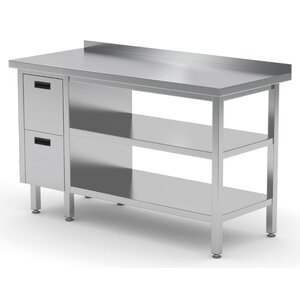 INOXI Stainless steel work table with splashback, cabinet with two drawers and two undershelves - drawers on left side | 1500x700x(h)850 mm