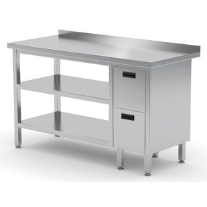 INOXI Stainless steel work table with splashback, cabinet with two drawers and two undershelves - drawers on right side | 900x700x(h)850 mm
