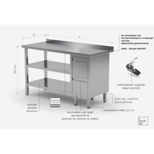 INOXI Werktafel RVS + Ladeblok 2 (rechts) Lades + 2x Bodemschap + Spatrand 1100(b)X600(d)X850(h)mm