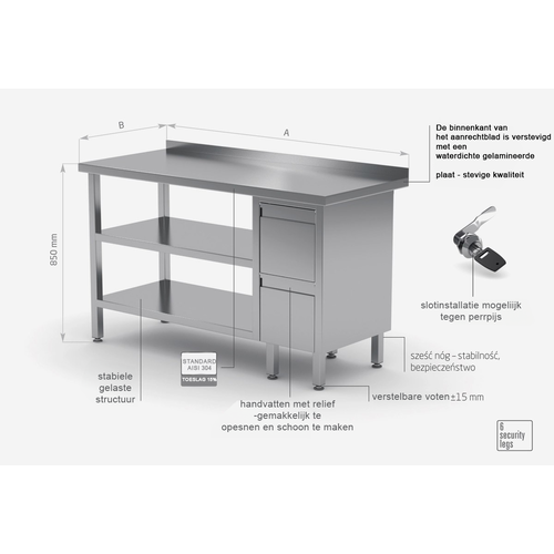 INOXI Werktafel RVS + Ladeblok 2 (rechts) Lades + 2x Bodemschap + Spatrand 1700(b)X700(d)X850(h)mm