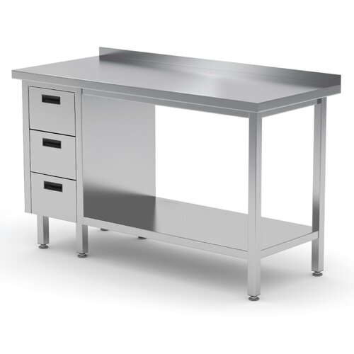 INOXI Werktafel RVS + Ladeblok (links) 3 Lades + Bodemschap + Spatrand 1400(b)X700(d)X850(h)mm