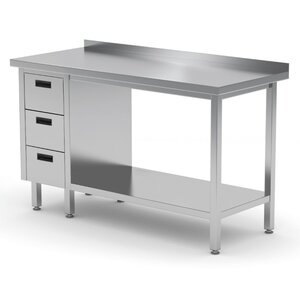 INOXI Stainless steel work table with splashback, cabinet with three drawers and undershelf - drawers on left side | 1800x700x(h)850 mm