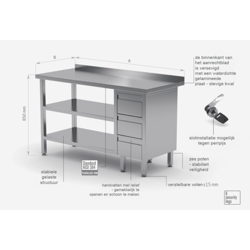 INOXI Werktafel RVS + Ladeblok 3 Lades + Dubbel bodemschap 800(b)X700(d)X850(h)mm