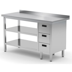 INOXI Stainless steel work table with splashback, cabinet with three drawers and two undershelves - drawers on right side | 900x700x(h)850 mm