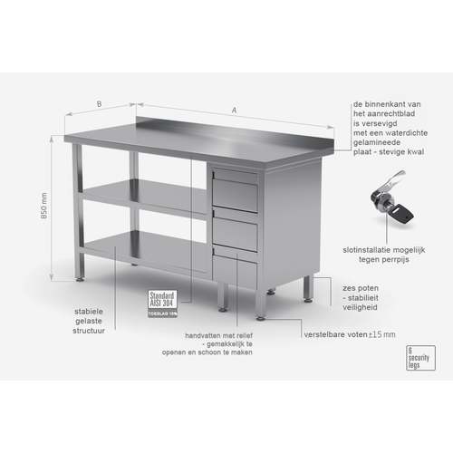 INOXI Werktafel RVS + Ladeblok 3 Lades + Dubbel bodemschap 1300(b)X600(d)X850(h)mm