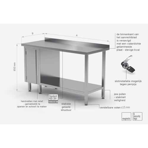 INOXI Werktafel RVS + 1 Klapdeur (links) + Bodemschap + Spatrand 1000(b)X600(d)X850(h)mm
