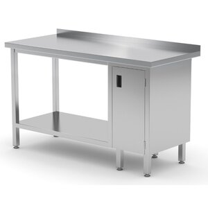 INOXI Stainless steel work table with splashback, cabinet with hinged door and undershelf - cabinet on right side | 1600x700x(h)850 mm