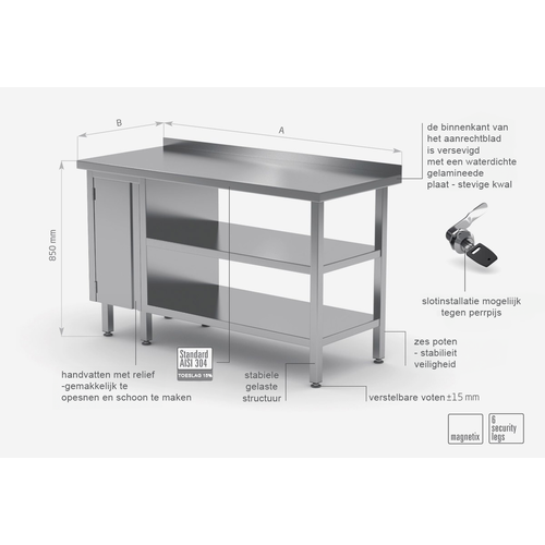 INOXI Werktafel RVS + 1 Klapdeur + Dubbel bodemschap + Spatrand 1200(b)X700(d)X850(h)mm