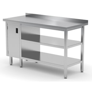 INOXI Stainless steel work table with splashback, cabinet with hinged door and two undershelves - cabinet on left side | 1400x700x(h)850 mm