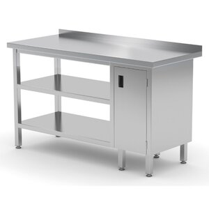 INOXI Stainless steel work table with splashback, cabinet with hinged door and two undershelves - cabinet on right side | 1700x700x(h)850 mm