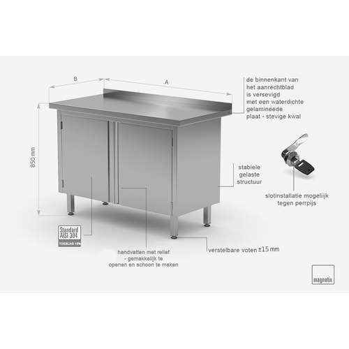 INOXI Werkkast RVS + 2 Klapdeuren + Spatrand HEAVY DUTY 1300(b)X600(d)X850(h)mm