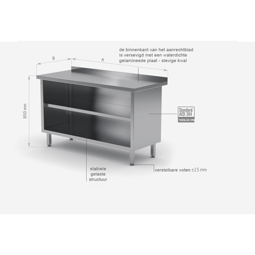 INOXI Stainless steel open fronted work table with splashback | 600x600x(h)850 mm
