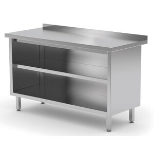 INOXI Stainless steel open fronted work table with splashback | 1400x700x(h)850 mm