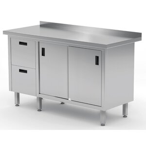 INOXI Stainless steel work table with splashback, cabinet with two drawers and sliding doors - drawers on left side | 1300x700x(h)850 mm
