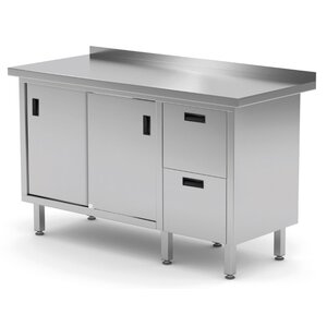 INOXI Stainless steel work table with splashback, cabinet with two drawers and sliding doors - drawers on right side | 1600x700x(h)850 mm