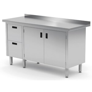 INOXI Werkkast RVS + 2 Lades (links) + 2 Klapdeuren + Spatrand 1600(b)X700(d)X850(h)mm