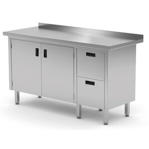 INOXI Stainless steel work table with splashback, cabinet with two drawers and hinged doors - drawers on right side | 1200x700x(h)850 mm