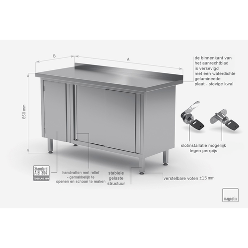 INOXI Werkkast RVS + 1 Klapdeur + 2 Schuifdeuren + Spatrand 1500(b)X600(d)X850(h)mm