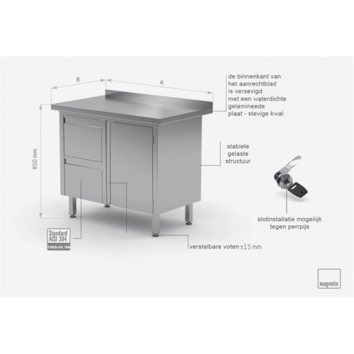 INOXI Werkkast RVS + 2 Lades (links) + 2 Klapdeuren + Spatrand 830(b)X600(d)X850(h)mm