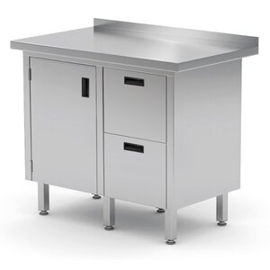 INOXI Stainless steel work table with splashback, cabinet with two drawers and hinged door - drawers on right side | 830x600x(h)850 mm