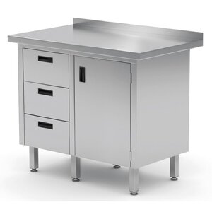 INOXI Werkkast RVS + Ladeblok (links) 3 Lades + Klapdeur + Spatrand 830(b)X600(d)X850(h)mm