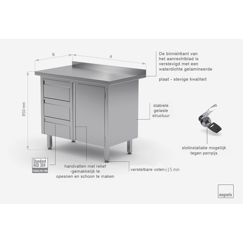INOXI Werkkast RVS + Ladeblok (links) 3 Lades + Klapdeur + Spatrand 1000(b)X600(d)X850(h)mm