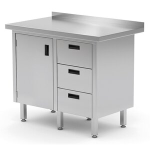 INOXI Stainless steel work table with splashback, cabinet with three drawers and hinged door - drawers on right side | 1000x700x(h)850 mm