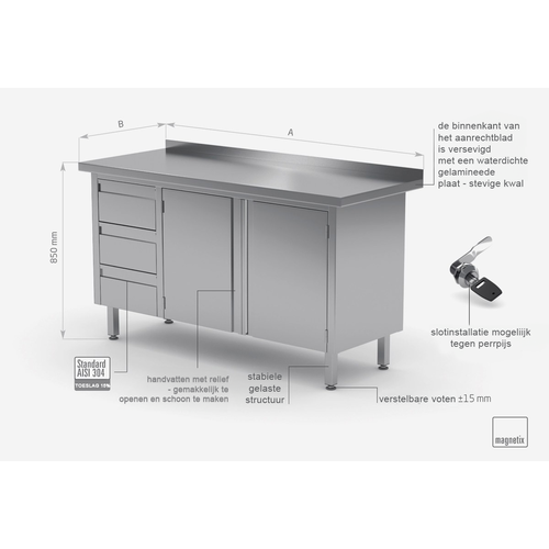 INOXI Werkkast RVS + Ladeblok (links) 3 Lades + Klapdeur + Spatrand 1200(b)X600(d)X850(h)mm