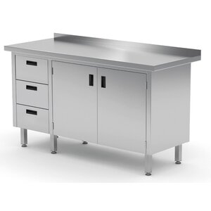 INOXI Werkkast RVS + Ladeblok (links) 3 Lades + Klapdeur + Spatrand 1600(b)X700(d)X850(h)mm