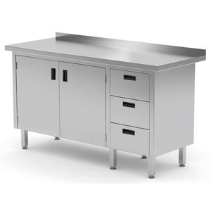 INOXI Stainless steel work table with splashback, cabinet with three drawers and hinged doors - drawers on right side | 1300x700x(h)850 mm