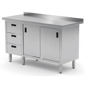 INOXI Stainless steel work table with splashback, cabinet with three drawers and sliding doors - drawers on left side | 1900x700x(h)850 mm