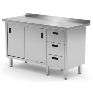 INOXI Stainless steel work table with splashback, cabinet with three drawers and sliding doors - drawers on right side | 1400x600x(h)850 mm