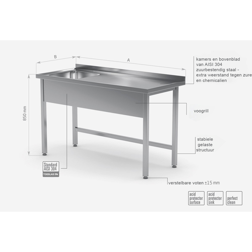 INOXI Spoeltafel RVS Spoelbak links 400x400x250(h)mm 1000(b)x700(d)x850(h)mm