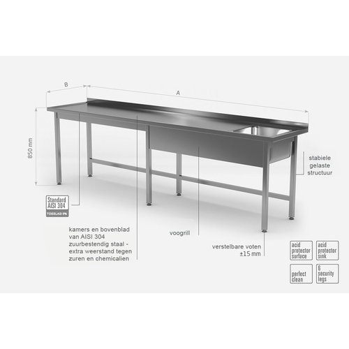INOXI Stainless steel table with sink without shelf - sink on right side | 2500x600x(h)850 mm