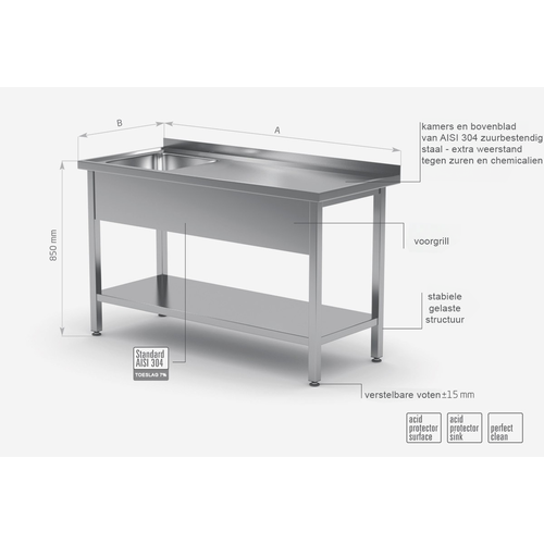 INOXI Spoeltafel RVS + Spoelbak links 400x400x250(h) + Bodemschap 1100(b)x600(d)x850(h)mm