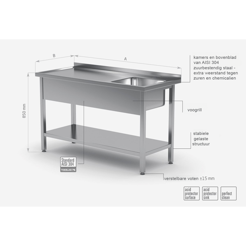 INOXI Spoeltafel RVS + Spoelbak rechts 400x400x250(h) + Bodemschap 1200(b)x600(d)x850(h)mm