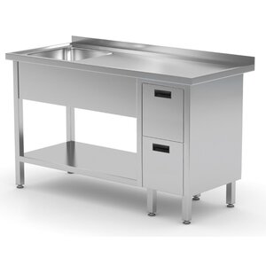 INOXI Stainless steel table with sink, undershelf and two drawers - sink on left side | 1400x700x(h)850 mm