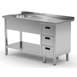 INOXI Stainless steel table with sink, undershelf and three drawers - sink on left side | 1000x600x(h)850 mm
