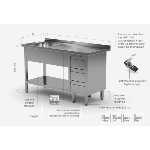 INOXI Spoeltafel + Bodemschap + Spoelbak 400x400x(h)250 + 3 Ladenblok 1100(b)x700(d)x850(h)mm